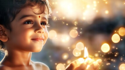 Fototapeta premium a little girl holding a lit candle in her hand