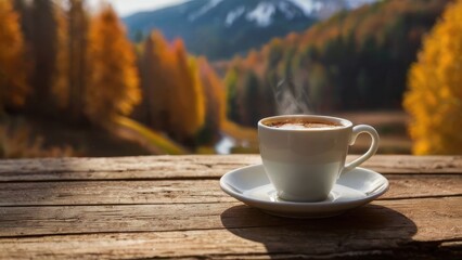 Coffee cup placed on a wooden table with a soft blurred autumn background. Coffee or tea in a white cup against the background of an autumn forest