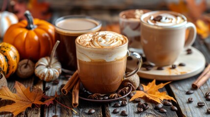 A table with three cups of coffee and a pumpkin on it