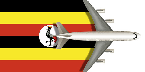 Flag of Uganda with a plane flying over it. Vector image.