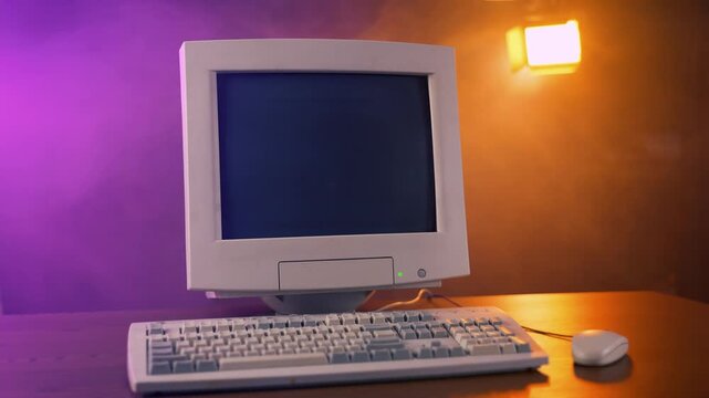 A three-quarter left side view of a retro computer with blank screen CRT monitor, keyboard and mouse sits on a table with flashing disco lights in a foggy room behind.  	