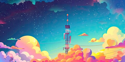 Fototapeta premium Tower rising through colorful clouds and starry sky.