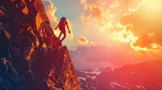 grimpeuse, femme qui escalade une montagne en devers, photo &Atilde;&nbsp; contre jour, pop art, color&Atilde;&copy;