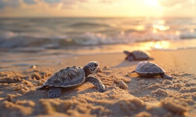 Sea turtles nesting on a sandy beach, enduring and life-giving