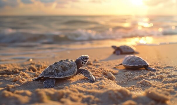 Sea turtles nesting on a sandy beach, enduring and life-giving