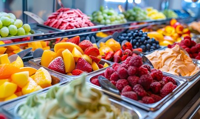 Colorful Assortment of Frozen Desserts with Fresh Fruits on Display