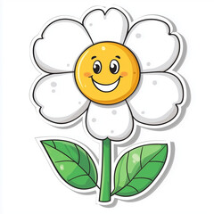 Cheerful Cartoon Daisy Flower with Yellow Face on White Background