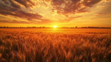 Obraz premium golden wheat field under the sunset sky 