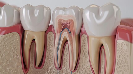 A close-up image of a cross-section of a human tooth, showing the internal structure and surrounding gums.