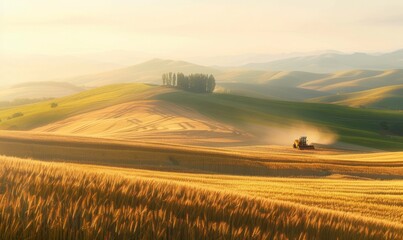 Obraz premium Rolling hills of winter wheat bathed in warm sunlight, mechanized harvesters at work, a panoramic vista illustrating the beauty of agricultural abundance
