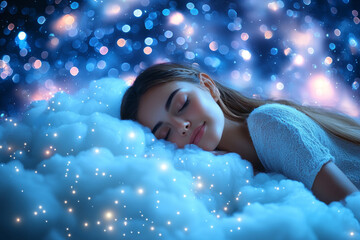 A Beautiful Woman Sleeping on a Cloud Above a Tranquil Landscape at Sunset.