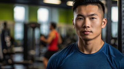 Fototapeta premium portrait of a fit asian male fitness instructor in a gym