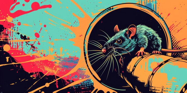 Colorful rat in a pipe, abstract background.