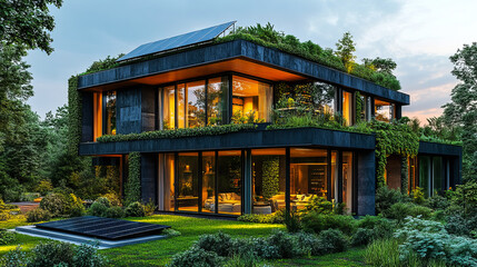 Fototapeta premium Modern eco-friendly building set in a green environment, symbolizing the integration of sustainable architecture and nature for an eco-conscious lifestyle