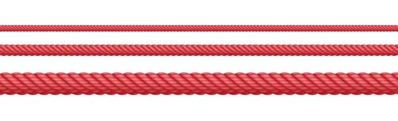 Red rope string, realistic jute cord, hemp twisted rope isolated on white background. Vector illustration. © Likanaris