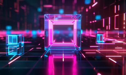 Pink and Blue Image Technology Concept with picture symbol as a neon light. Vibrant colored icon, on a black background with high tech floor