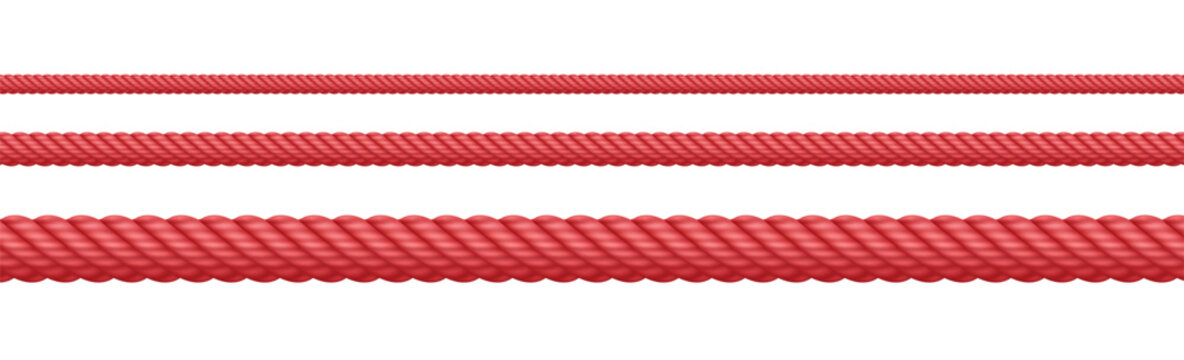 Red rope string, realistic jute cord, hemp twisted rope isolated on white background. Vector illustration.