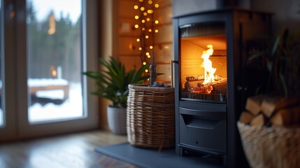 Close-up of a room with a pellet and wood stove. A burning stove creates a warm and cozy homely atmosphere against the backdrop of a snowy street.