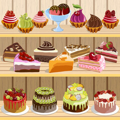 Sweet desserts on wooden shelves.Vector illustration with a set of sweet desserts on wooden shelves.