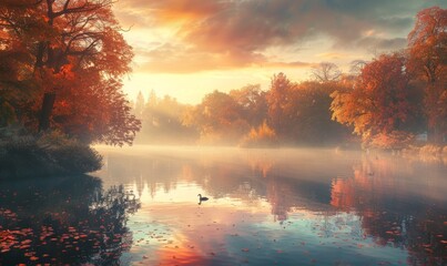 Tranquil lake at sunset, trees ablaze with autumn hues mirrored in the calm water, mist hovering above, ducks gliding serenely