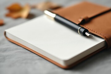 Blank Notebook with Pen on Grey Fabric