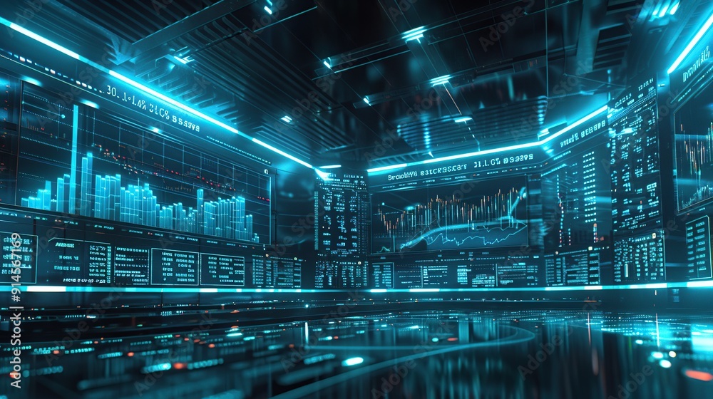 Poster futuristic data center with screens displaying financial charts and numbers