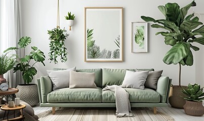 Mockup frame poster hanging on a white wall above a light green sofa, surrounded by various indoor plants in a cozy living room setting