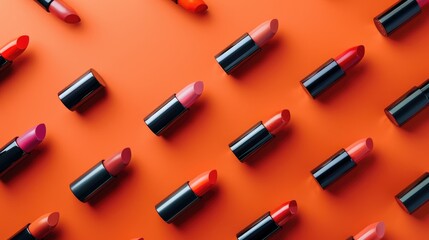 Obraz premium Fashion flat lay of lipsticks on orange background
