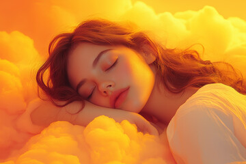 A Beautiful Woman Sleeping on a Cloud Above a Tranquil Landscape at Sunset.