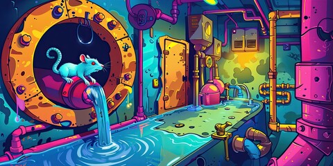 A cartoon rat in a colorful, industrial setting.
