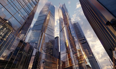 Dynamic financial hub with sleek glass facades and towering heights