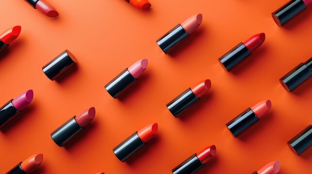 Fototapeta Fashion flat lay of lipsticks on orange background