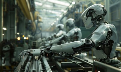 Fototapeta premium Robotic arms in a factory, addressing job displacement issues with automation