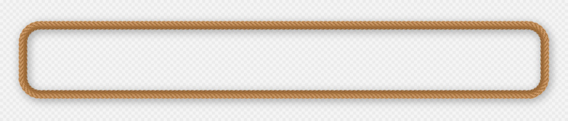 Rope frame, realistic jute cord border, hemp twisted rope in rectangular shape. Vector illustration.