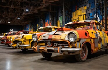 Obraz premium A lineup of colorful, retro cars in an indoor exhibition space, each with a unique patchwork design, featuring vibrant yellows, oranges, and reds. The setting has an industrial feel with exposed metal