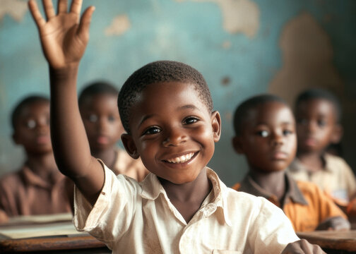 Enthusiastic Young Student Raising Hand in a Classroom