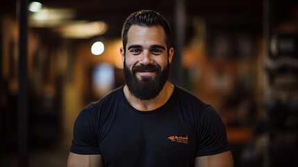 Fototapeta premium Close up of man in gym making eye contact with camera, blurred background for fitness center concept