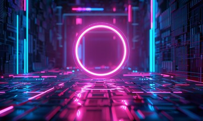 Pink and Blue Image Technology Concept with picture symbol as a neon light. Vibrant colored icon, on a black background with high tech floor