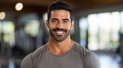 Focused gym goer in close up shot gazes at the camera amidst blurred gym environment