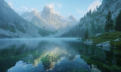 Naklejka premium Serene mountain lake at dawn