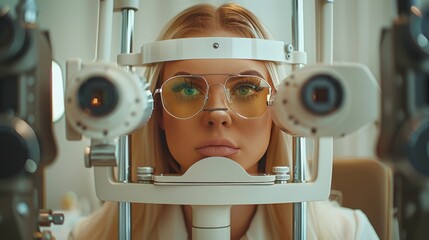 Close up view of woman wearing glasses having an eye examination with blurred background