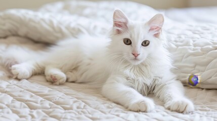 Cute white kitten gazing at the camera while sitting on a soft mattress in a close up view