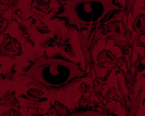 Gothic style seamless pattern with soft blurry roses bouquet, human eyes, butterflies, zombie hand. Halloween themed graphic print for clothing, fabric, wallpaper, home decor, wrapping paper in dark