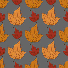 Seamless pattern with autumn fall leaves. Orange red leaves on gray background. Autumnal botany vector illustration. Symmetrically repeating pattern. Seasonal design for textile, home decor, etc.