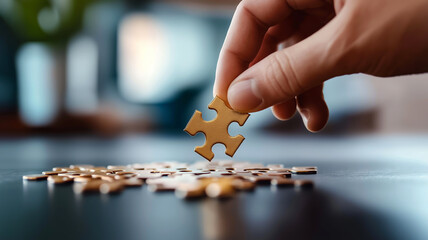 A close-up of a financial advisor's hand holding a golden puzzle piece, fitting it into a puzzle of financial assets.