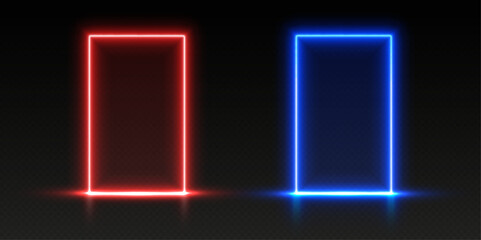 Neon doors, red and blue glowing portals, futuristic gates, magic LED frames. VS versus battle entrance concept. Vector illustration.