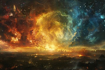 Naklejka premium A stunning artwork showcasing the contrast between three realms: flames and tortured souls below, a lush countryside in the center, and a heavenly realm with golden rays and ethereal beings above.