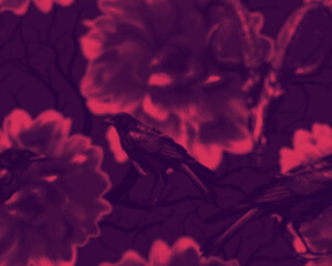Gothic style seamless pattern with soft blurry blooming flowers, ravens. Halloween themed graphic print for clothing, fabric, wallpaper, home decor, wrapping paper