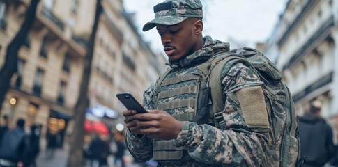Black military man using smartphone on the street, looking at the screen and typing a message.