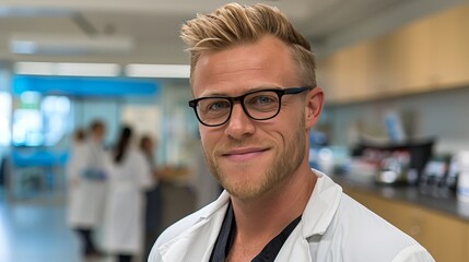 Fototapeta premium Close up portrait of smiling man in glasses with blurred background, looking directly at the camera